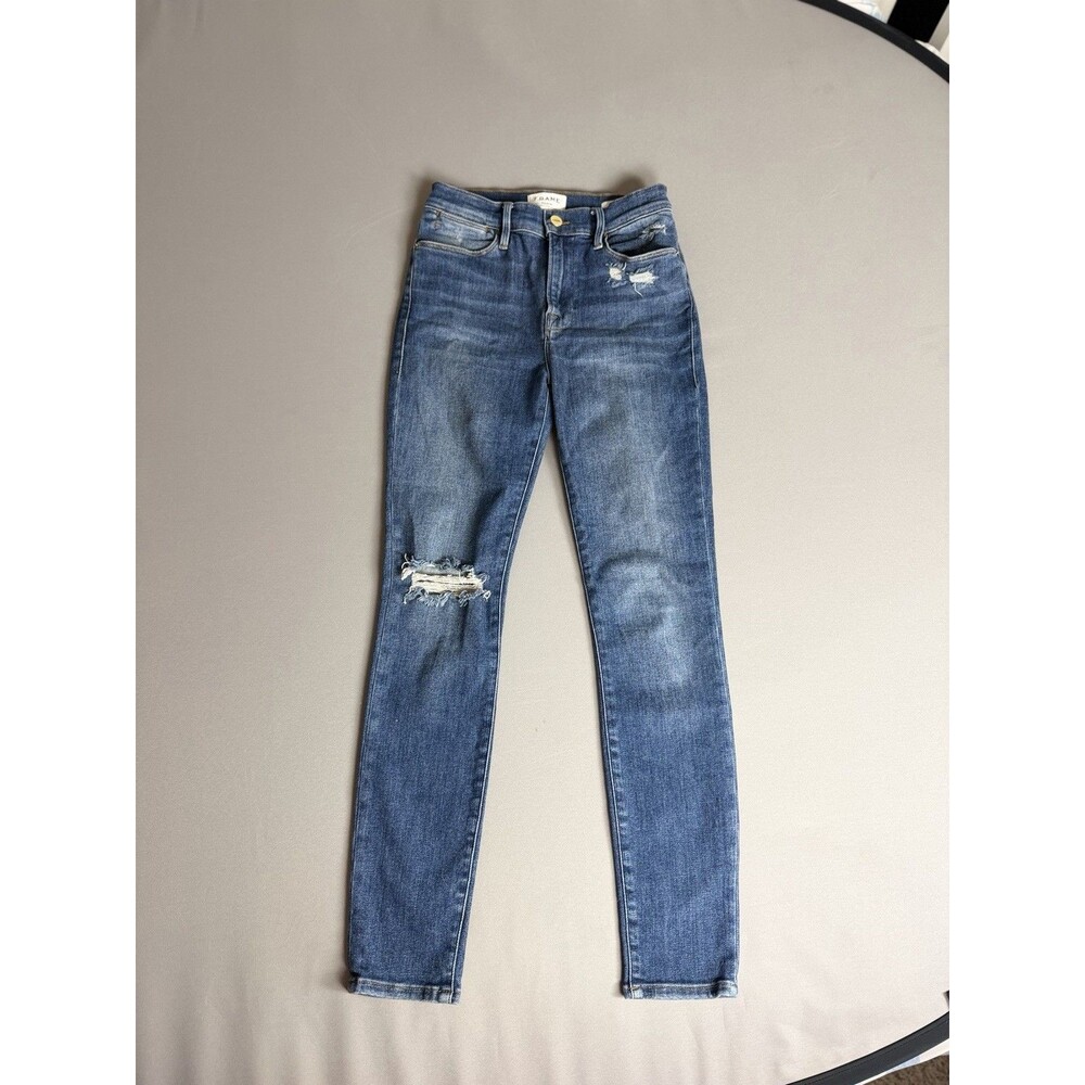 FRAME Le High Skinny Jeans Womens 27 Distressed Blue Stretch Denim Raw Hem